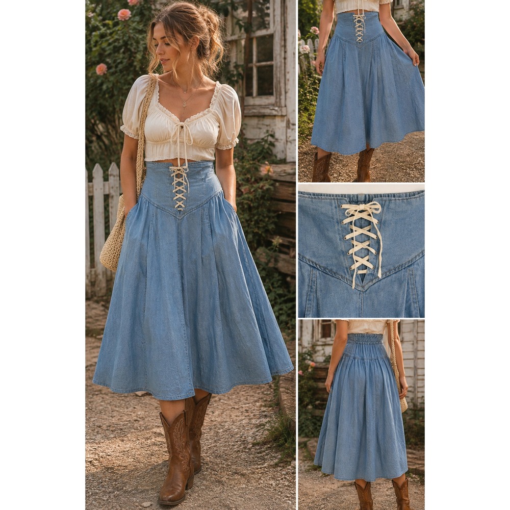 Alice Blue Womens M Chambray Midi Skirt Lace Up Corset Waist Cottagecore Cosplay